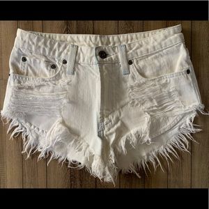 High rise white denim shorts